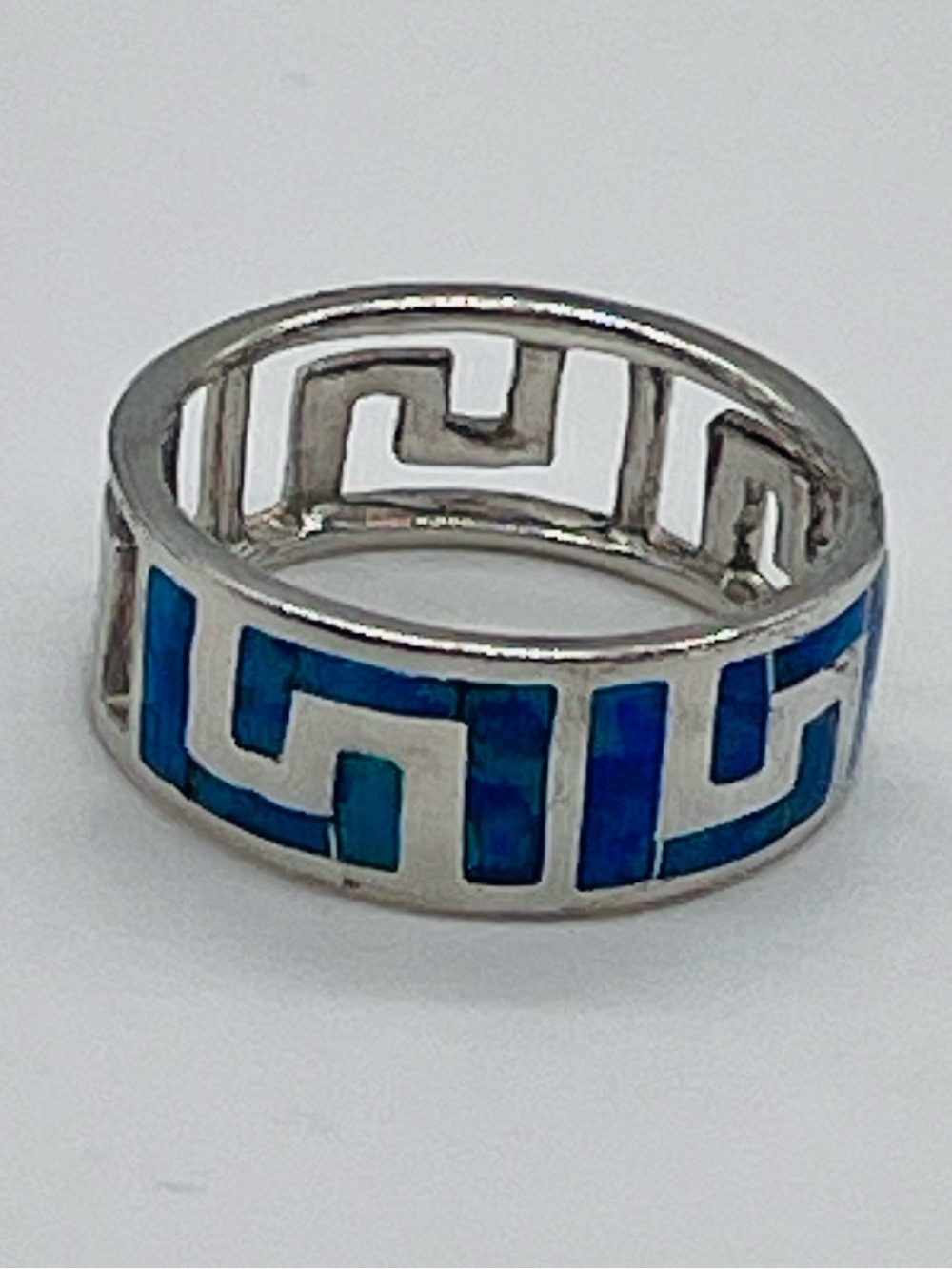 AK 925 Sterling Silver Blue Green Opal Inlay Silver Band Ring Atasay Kuyumculuk